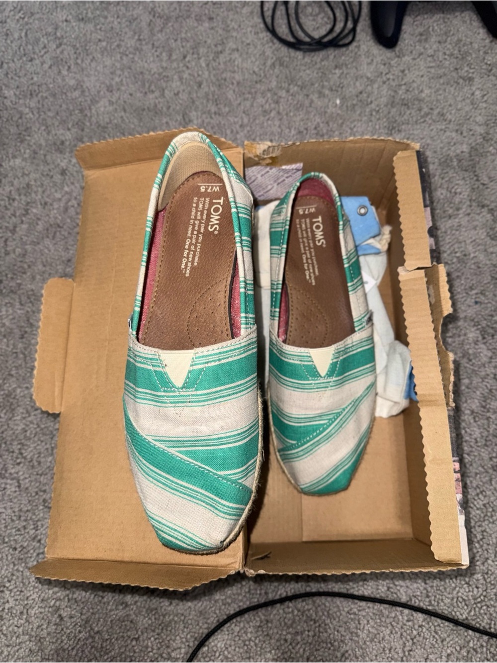 TOMS Green and Cream Striped Canvas Slip-Ons